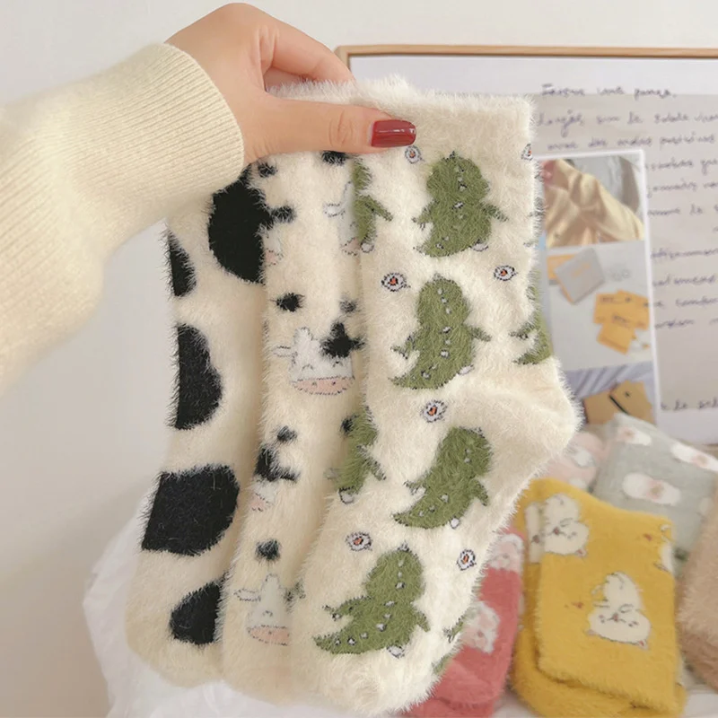 Cute Cow Spots Print Socks Thickened Warm Mink Cashmere Socks Funny Cartoon Animals Socks Comfortable Warm Autumn Winter