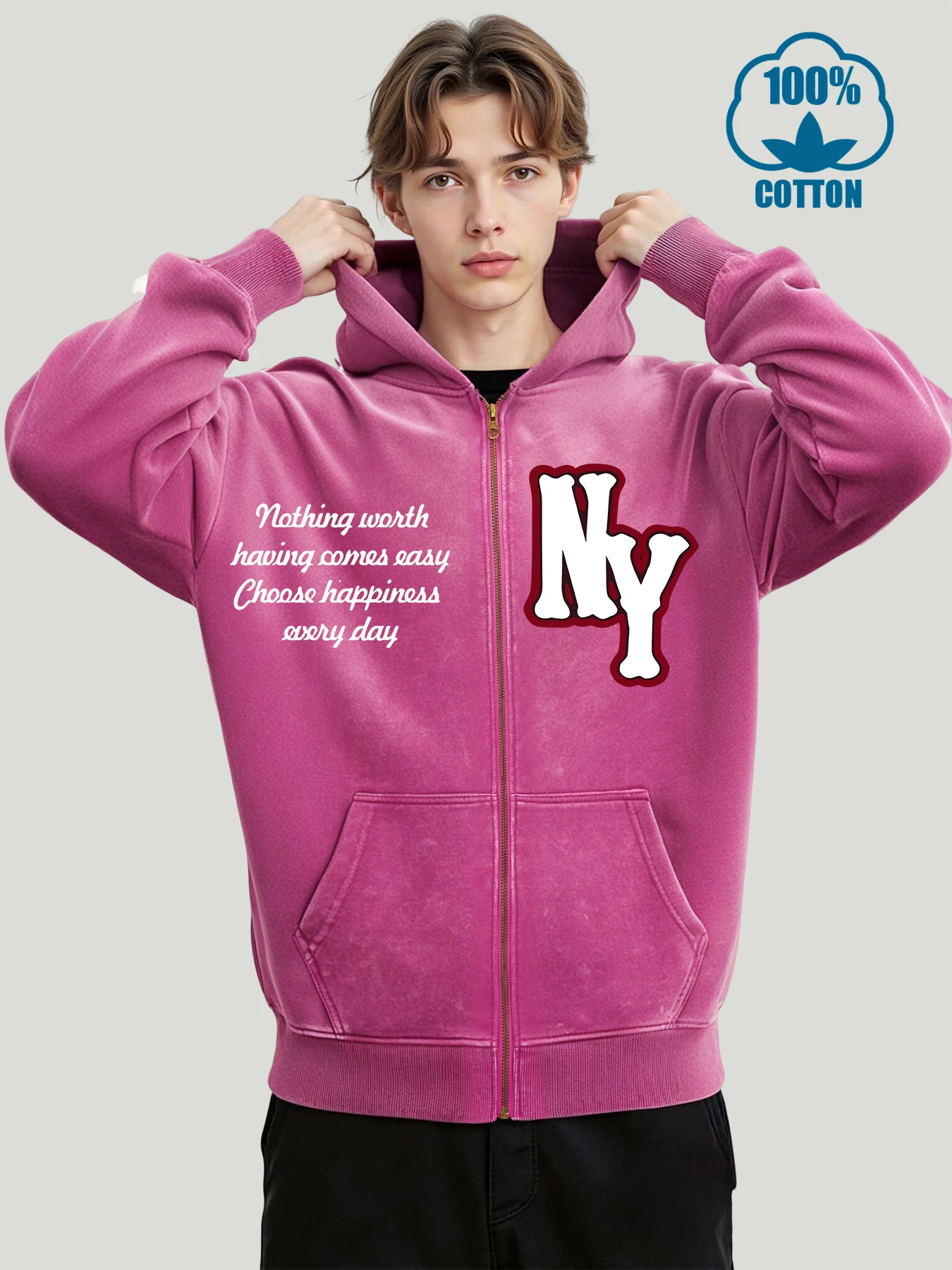 

New York City Art Letters Printing Washed Zipper Jackets Man Fashion Cotton Hoody Autumn Soft Streetwear Mans Retro Casual Top