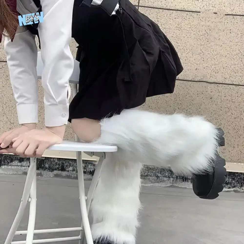 

1pair Soft Fluffy Faux Fur Leg Warmers Solid Color Thick Warm Knee Sleeve Comfortable Elastic Long Fuzzy Foot Covers