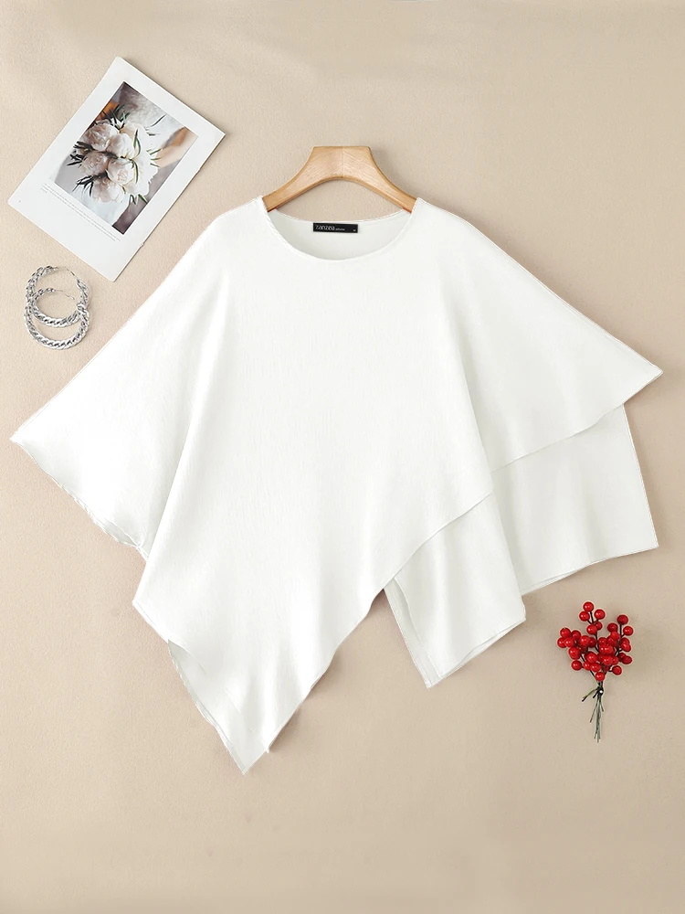 Femmes élégantes Blouses amples 2025 ZANZEA mode été col rond demi manches chemise solide travail Blusas femme asymétrique ourlet hauts