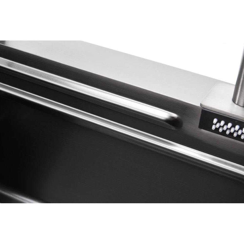 Waterfall Kitchen Sink, Black Stainless Steel Single Bowl 30x18 inch with Faucet and Cutting Board, Modern Workstation Sink