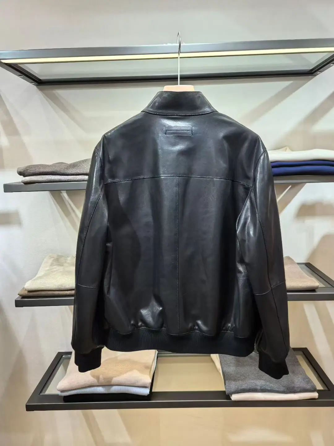 Men Vintage Black Leather Stand Collar Bomber Jacket