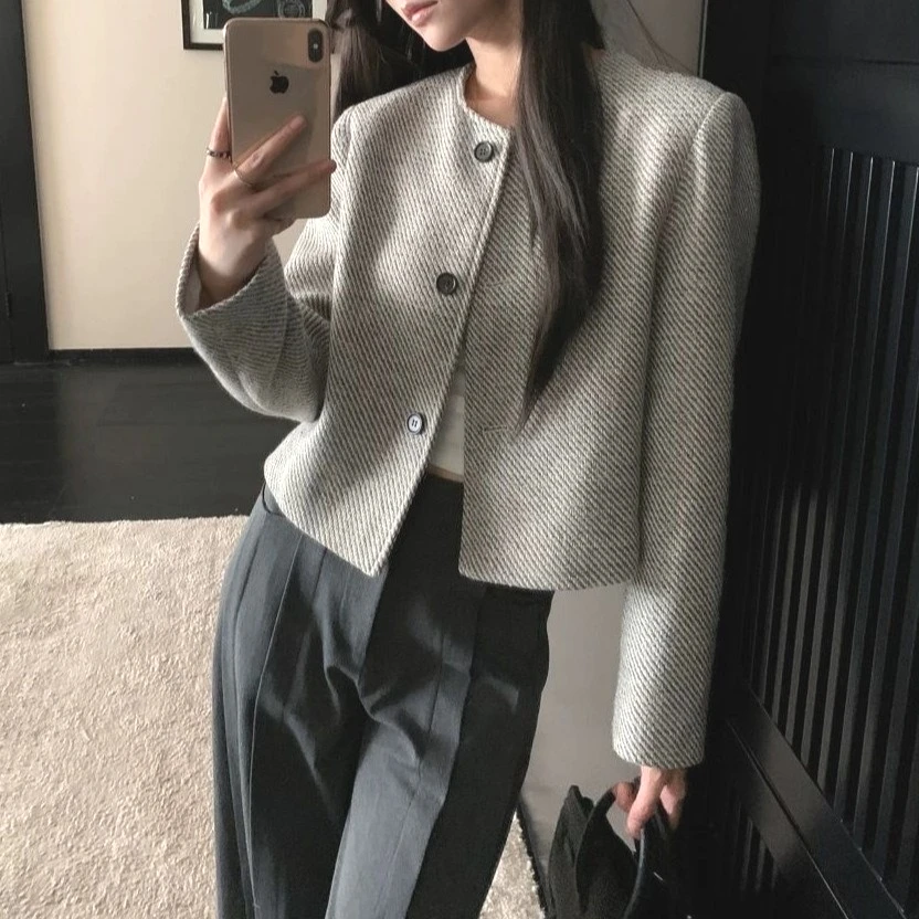 Women Short Coats Jackets Round Neck Full Sleeve Slim Fit Coat Thick Warm Y2k Streetwear Jacket Work Outerwear Autumn Winter