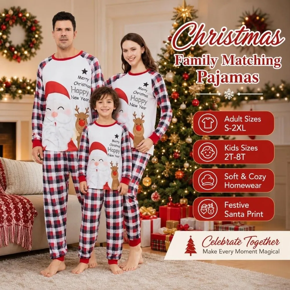 Soft Long Sleeve Christmas Pyjamas Set Santa Claus Plaid Printed Family Matching Pyjamas Deer Two Piece Set Top+Pants Men Women