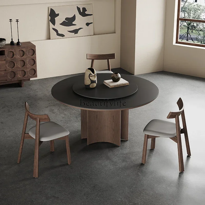 55Solid wood round dining table with turntable modern simple black Italian rock slab dining table