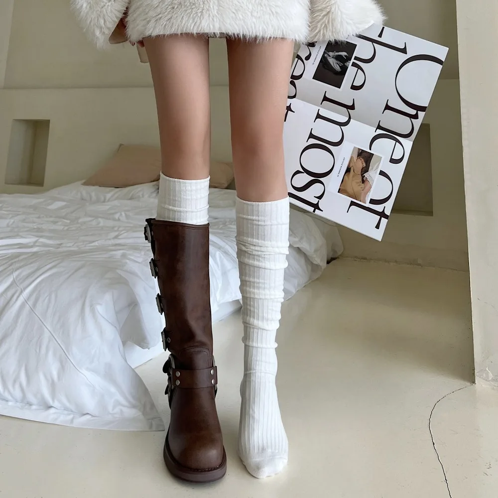1Pair Y2K Pure Cotton Knee-high Socks Solid Color Keep Warm Long Tight Socks Boot Socks Fall Winter