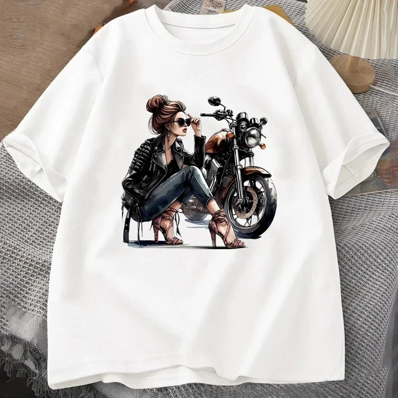 Funny with Motorcycle Print T-Shirt Summer Women Tracksuit O-Neck Pullover Top Breathable Sportswear Harajuku Fashion Streetwear