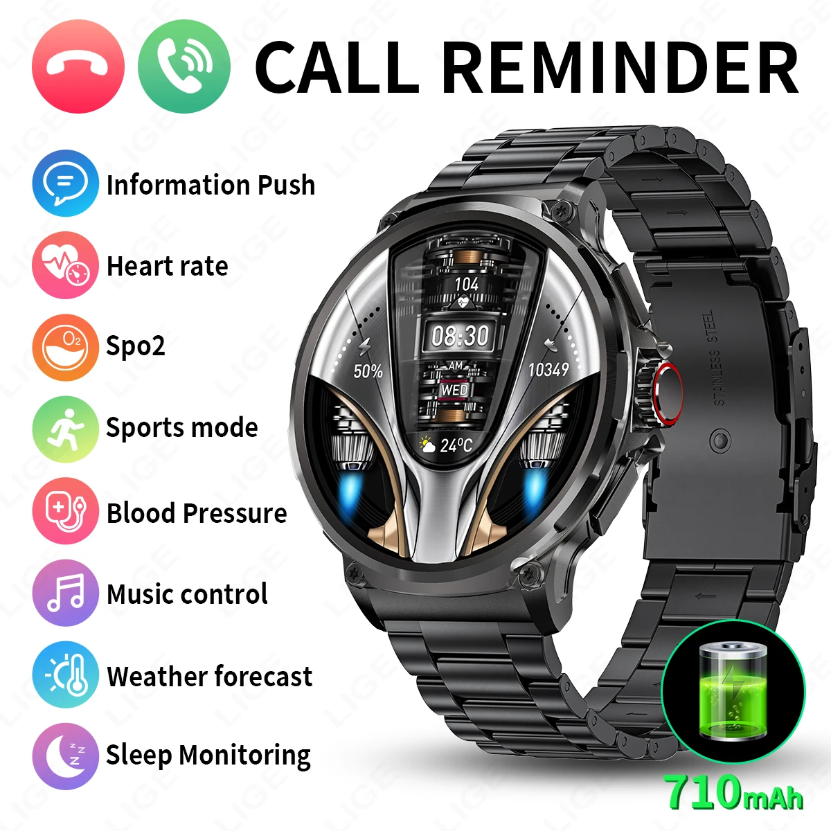 LIGE Smart Watch Men 710 mAh Large Battery 1.85