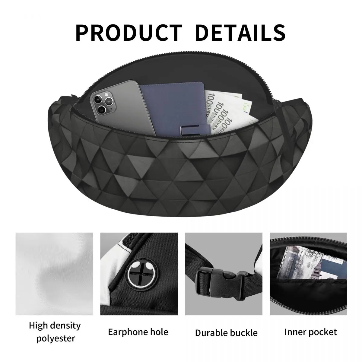 Dark High Tech Triangles Fanny Pack Men Women Custom Abstract Geometric Crossbody Waist Bag for Traveling Phone Money Pouch