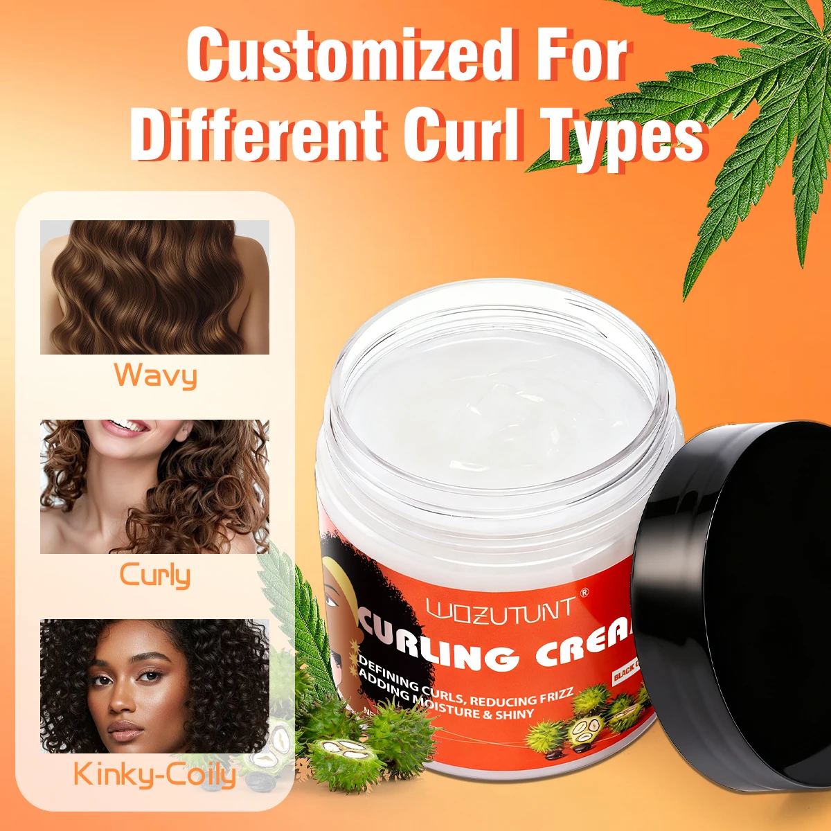 WOZUTUNT Curl Defining Cream 100g, Leave-in Styling Cream with Black Castor Oil,Frizz Control Hydrate for Bouncy Shiny Hairstyle