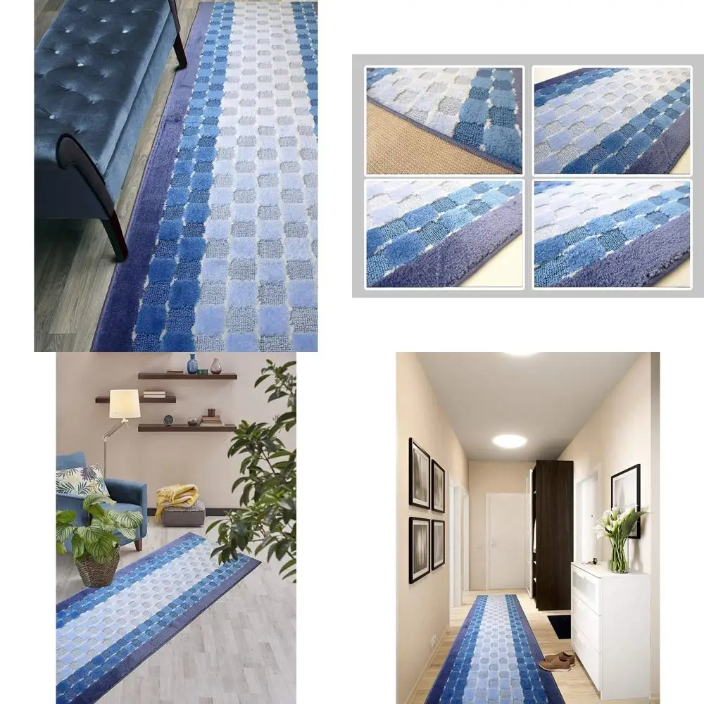 

Нескользящий клетчатый синий коврик для бега прихожей, нестандартная длина, 26 x 15 дюймов, продается и ценная на ногу, долговечный домашний декор