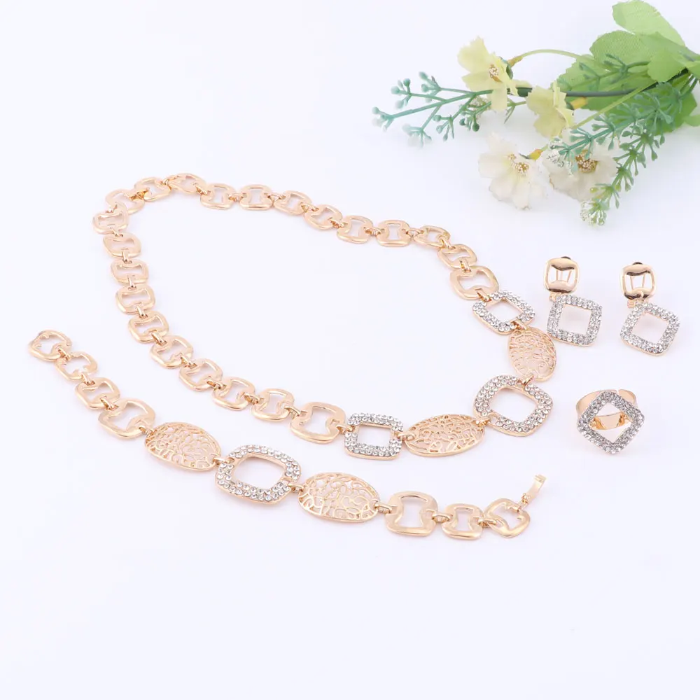 Wedding African Beads Jewelry Sets Collar Necklace Earrings Bracelet Fine Ring For Women Gold Color Party Accessories