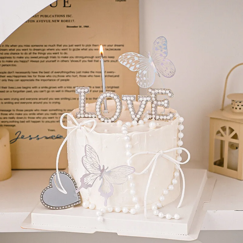 Pearl Love Cake Decoration Plugin Is Not Edible. Beautiful And Colorful Butterfly Confession Heart Dessert Cake Plugin