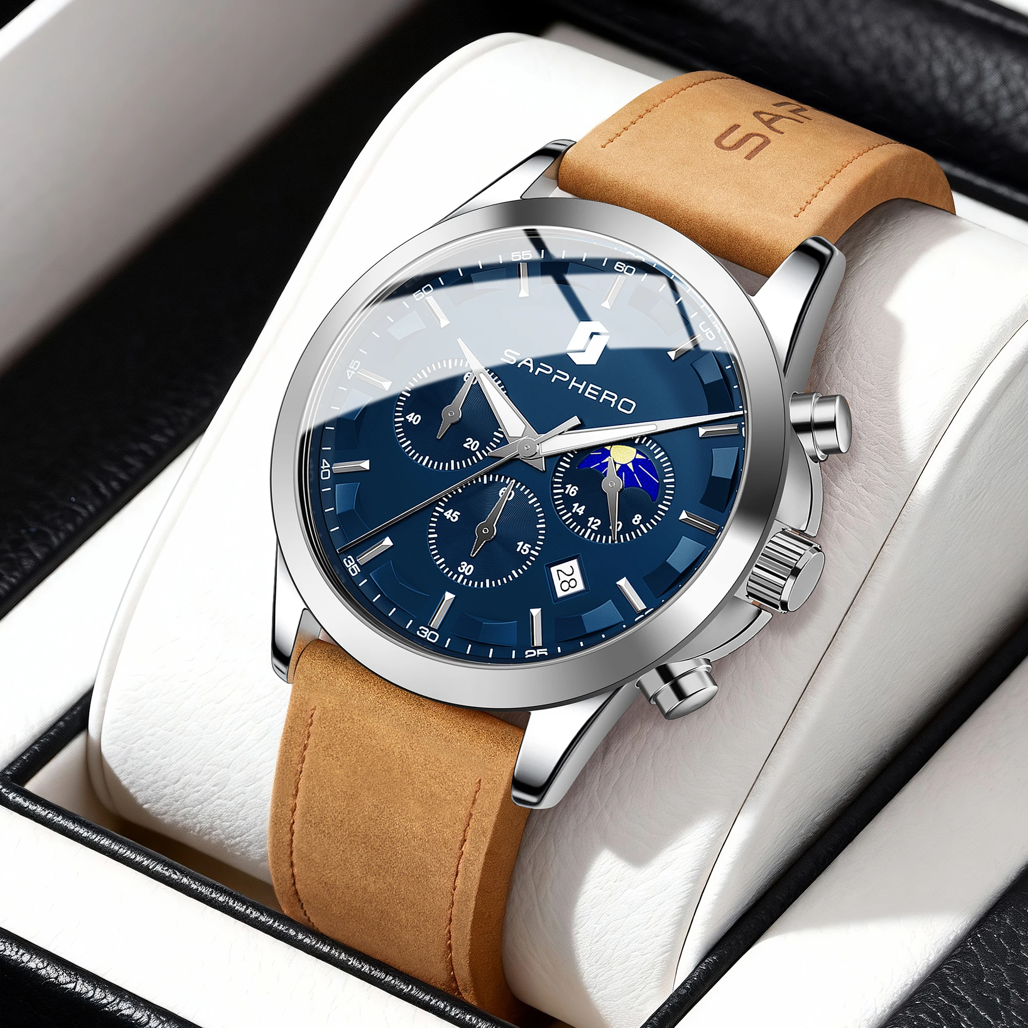 

Мужские деловые часы SAPPHERO, кожаный ремешок, водонепроницаемый дизайн, функция секундомера, отображение даты, мужские часы, необходимое для путешествий