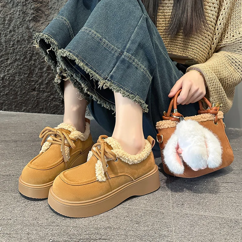 

Thick-soled 6cm Fleece Cotton Shoes, Women's Woolen Shoes,2025 Winter New Style, Fashionable and Warm Loafers,Lace-up Snow Boots