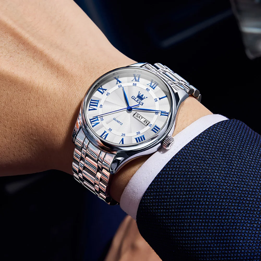 

Часы OLEVS для мужчин, синий римский циферблат, 30 м, водонепроницаемые, деловые, модные, роскошные кварцевые мужские часы, дата, неделя, нержавеющая сталь