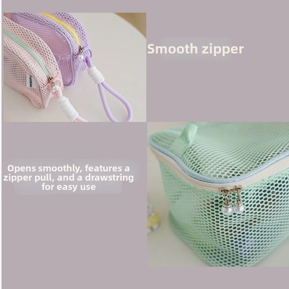 See Through Mesh Cosmetic Bag Portable With Pearl Zipper Makeup Organizer Pouch Large Capacity Hanging Rope Toiletry Organizer
