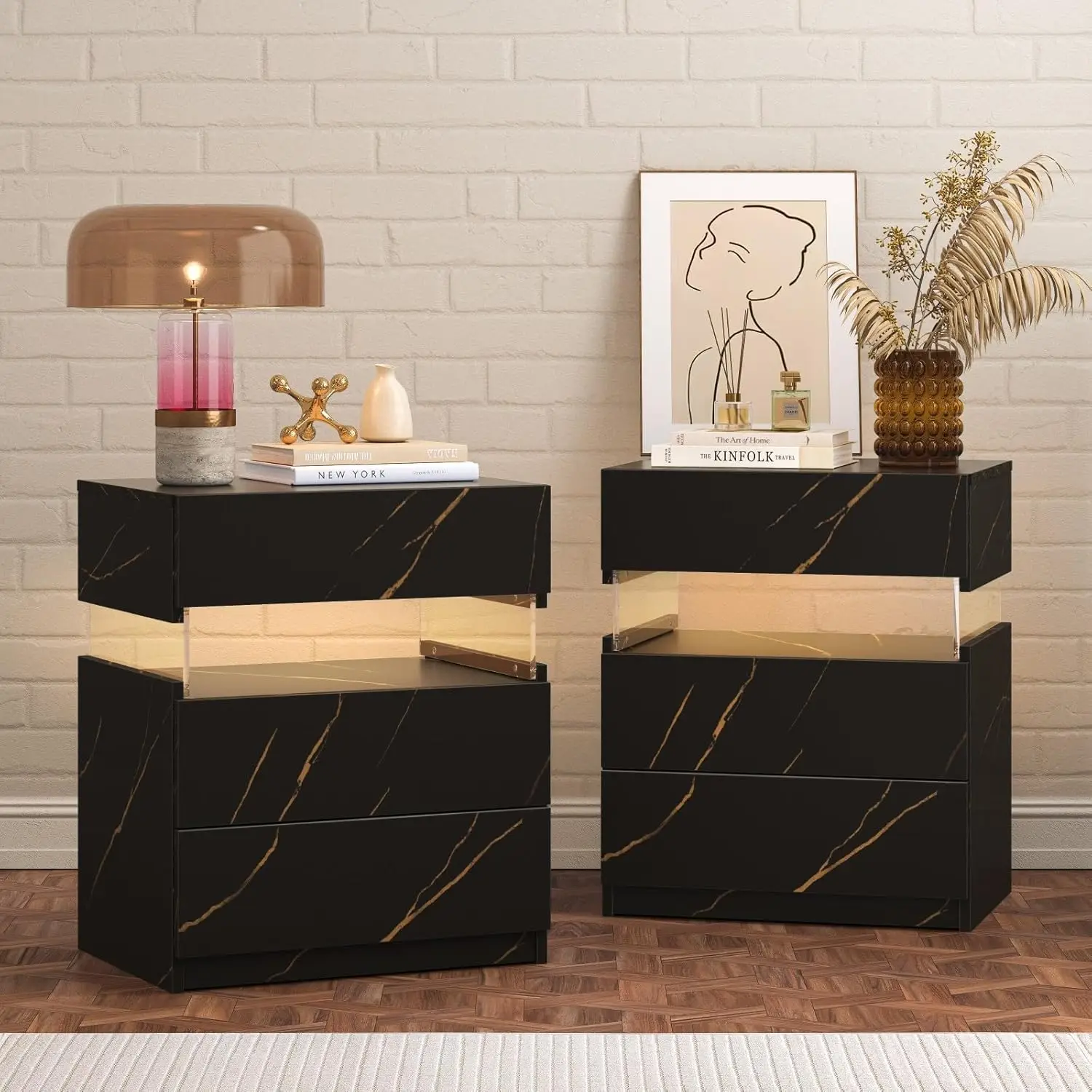 مجموعة منضدة LED مكونة من 2 قطعة مع 3 أدراج وطاولات بجانب السرير من الأكريليك الحديث لغرفة النوم