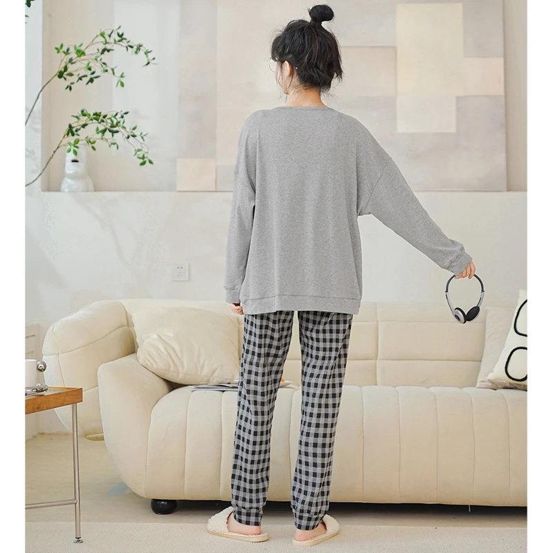 New Arrival Spring 100%Cotton Long Sleeve Female Pyjamas Round Neck Casual Loose M-5XL Women Pajamas Set