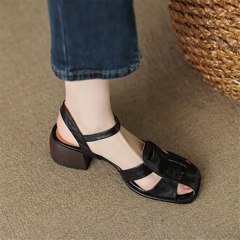 Genuine Leather Women Sandals 2023 Summer Shoes for Women Casual Gladiator Women Shoes Vintage Sheepskin Chunky Heel Sandals