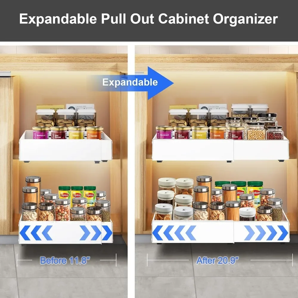 

2-Pack Pull Out Cabinet Organizer Expandable, 21" Adhesive Pull Out Drawers Cabinet Roll out Shelves for Kitchen Pantry Bathroom