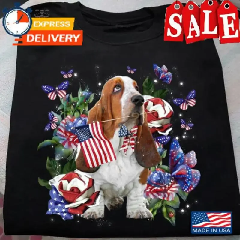 Happy Basset Hound American Flag - Butterflies 4th of July for Patriotic Animal T shirt