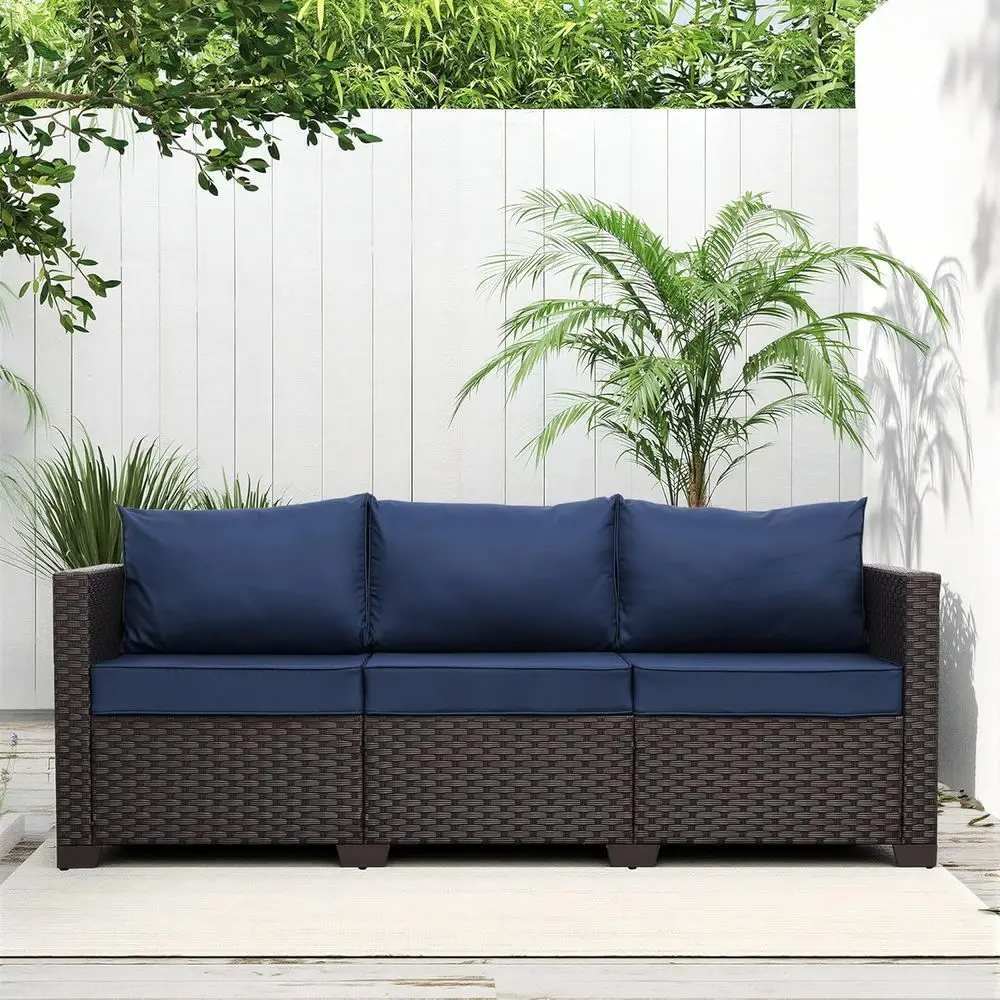 

3-Seat Deep Seating Outdoor Sofa in Brown Wicker with Navy Blue Waterproof Cushions