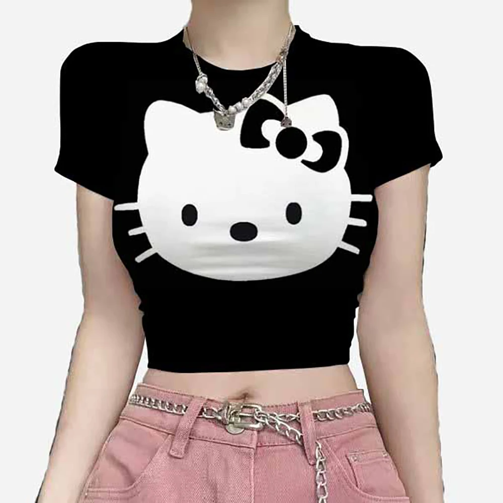 Women Y2k Crop Top Casual Hello Kitty print Gothic Hip Hop White Round Neck Short Sleeve Slim T-Shirt For Women ﻿