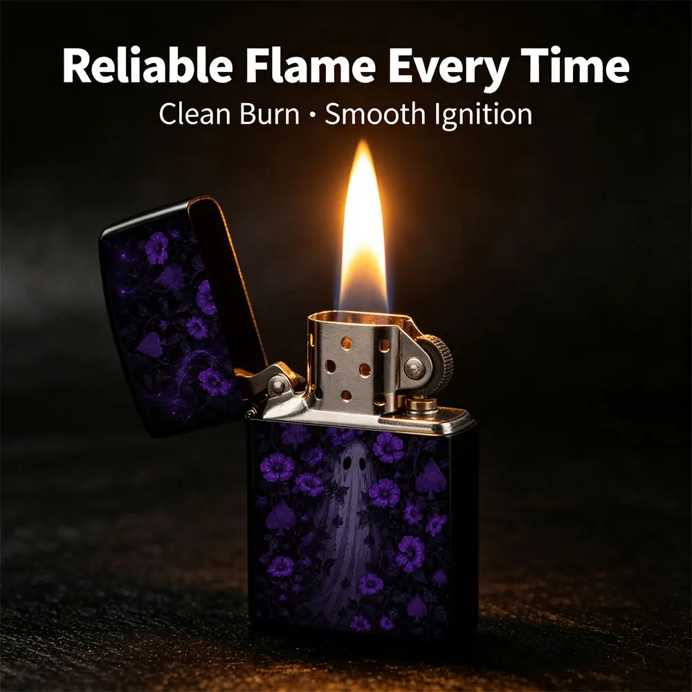 Pocket Lighter, Flip-Top Windproof Design, Metal Case, Purple Flowers & Skull Graphic on Dark Background, Stylish, Durable, Portable, Ideal for Daily Use and Gifting