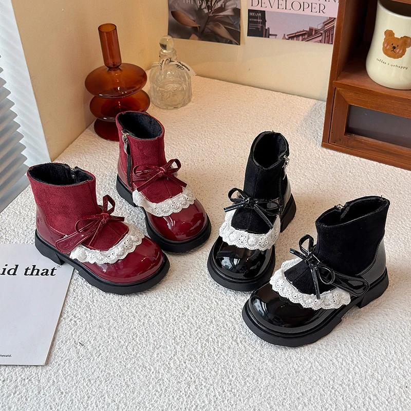 

Winter Girl's Boots Frilly Patchwork Plush Warm Kids Short Boot Glossy Chunky Fashion Zipper Sweet Chic Children Booties 23-35