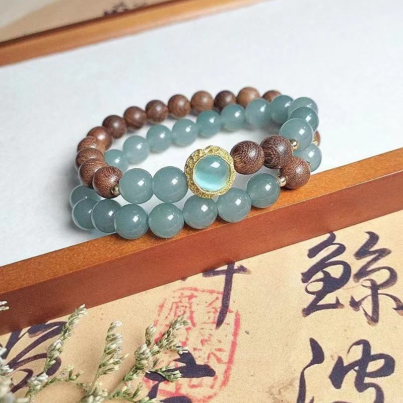 New Chinese Style Agate Double Circle Sandalwood Stitched Bracelet Optimized Sunstone High-End Design Beaded Jewelry