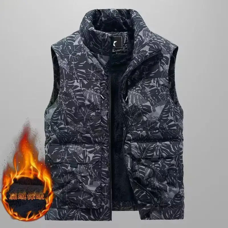 Men's Plush Thick Vest Workwear With Multiple Pockets For Outdoor Camping Mountain Climbing Warm Vest Coat Printed With Logo