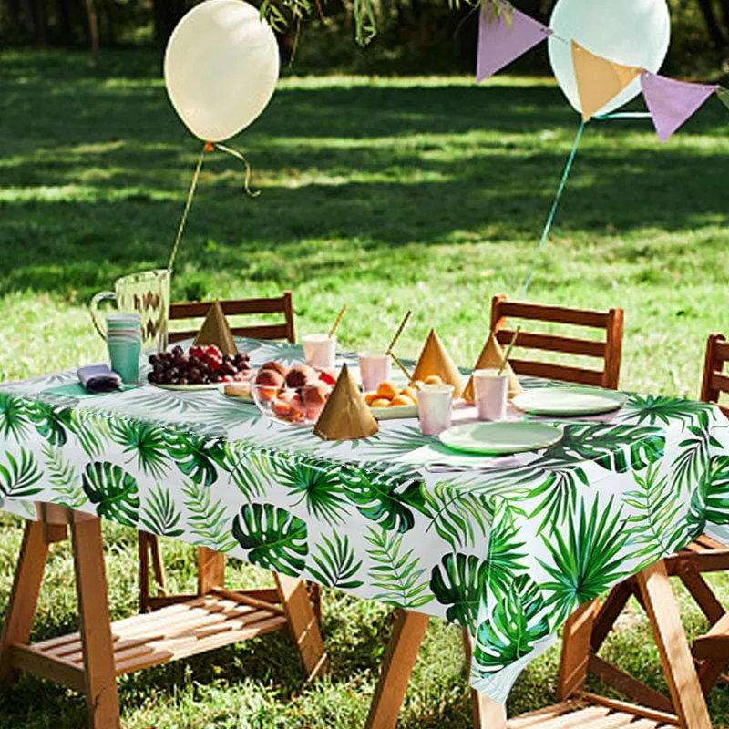 Hawaiian Party Green Palm Leaves Tablecloth Disposable Tropical Jungle Theme Birthday Party Table Cover Summer Beach Luau Decor