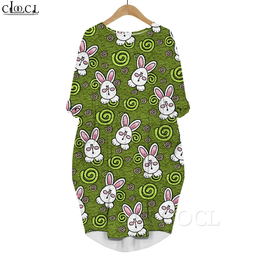 

CLOOCL Harajuku Green Dress Easter Bunny Pattern 3D Printed Loose Casual Dresses Long Sleeve with Pocket Cute Party Dress