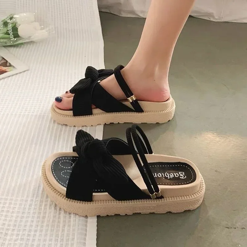 New Style Fairy Style Lady Summer Slippers Thick Platform Flat Sandals with Butterfly-Knot Summer Flip Flops Sandals Women Shoes