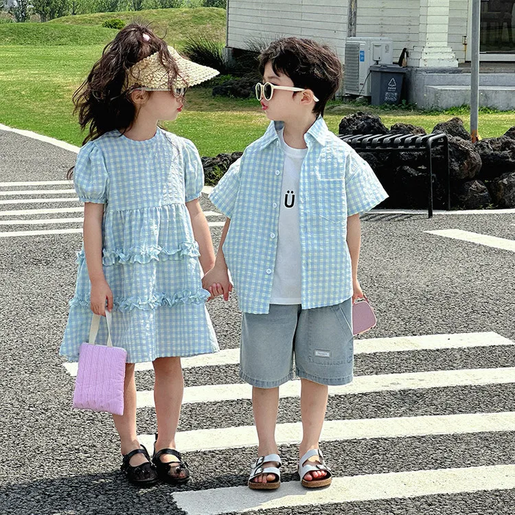 

Summer Kid Brother Sister Set Muslin Toddler Girl Plaid Bubble Short Sleeve Beach Dress Vacation Shirt 2PCS Outfit Siblings Look