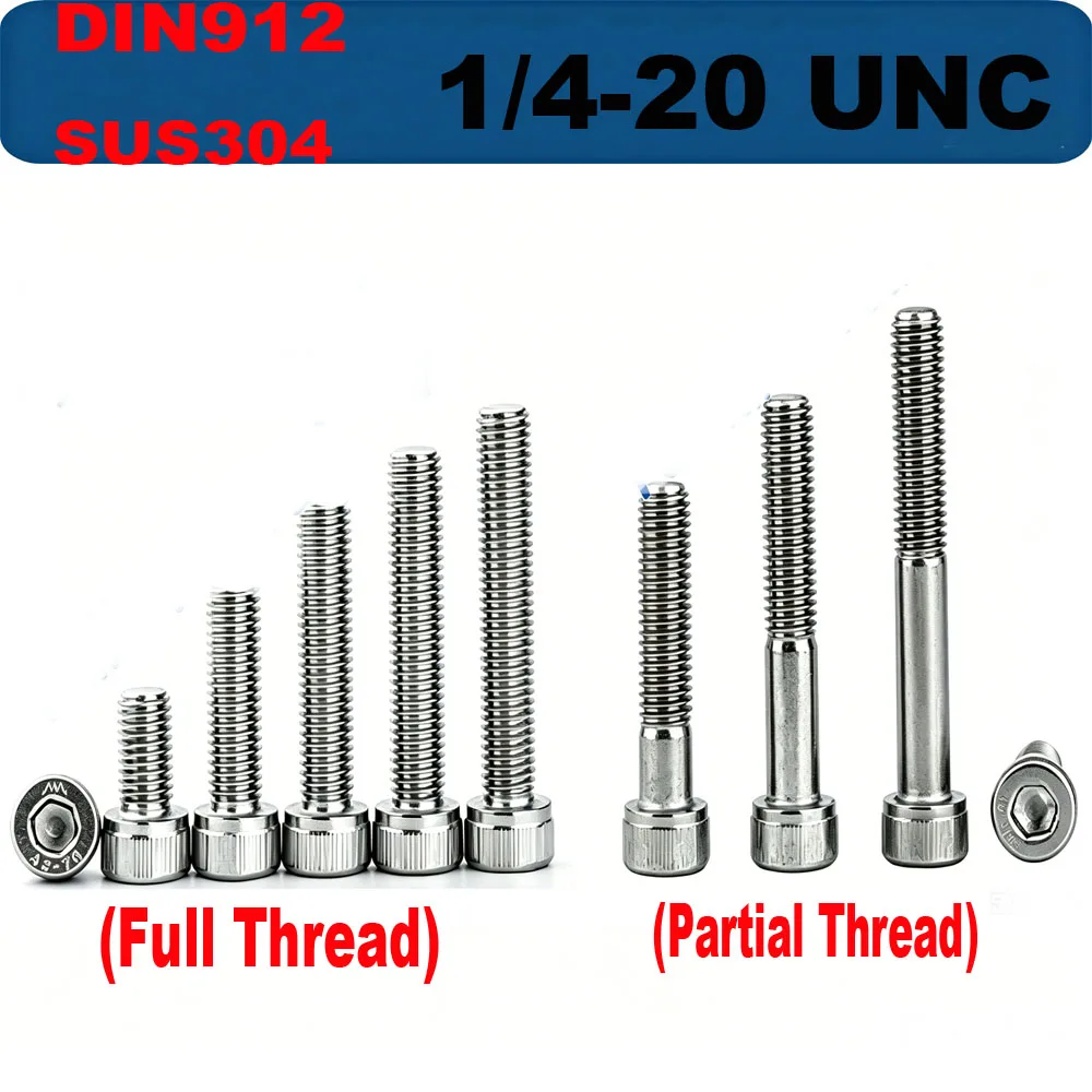 1/4-20 UNC Thread DIN912 SUS304 Stainless Steel Hex Socket Knurled Cap Head Screws Allen Bolts Full/Partial Threaded