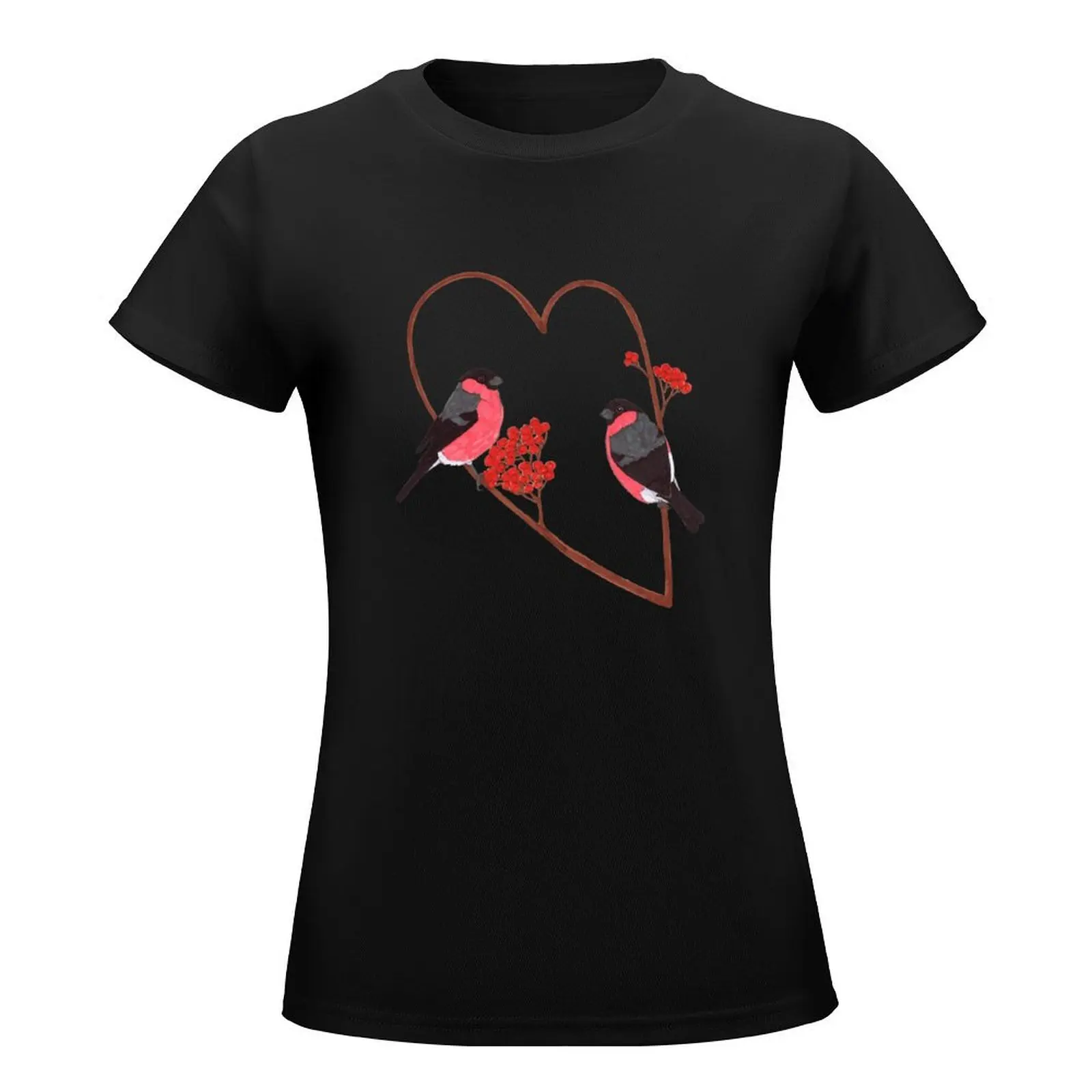 Two male European Bullfinches on a heart shaped perch T-Shirt kawaii clothes summer tops ariat shirts for Women