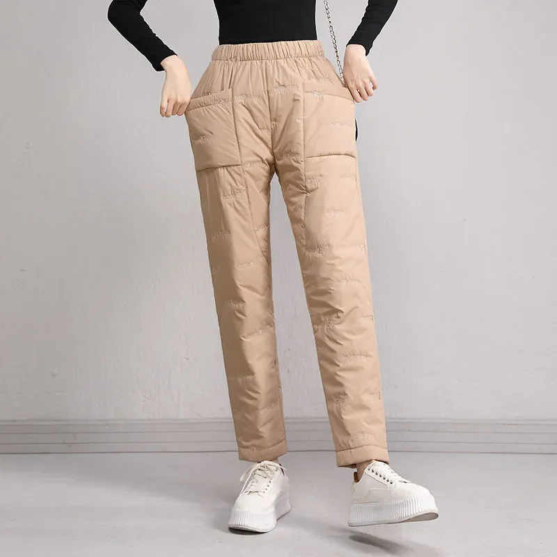 2026 Fashion Elastic Waist Cotton Trousers Women Winter Loose Pockets Warm Straight Pants Woman High Waist Thicken Cotton Pants