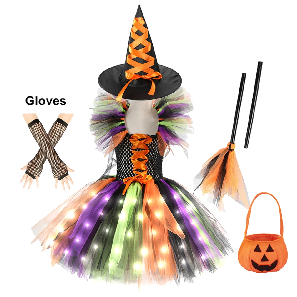 Girls Witch Halloween Cosplay LED Dress Carnival Vestidos Party Kids Children Glowing Costume Party Princess Dress