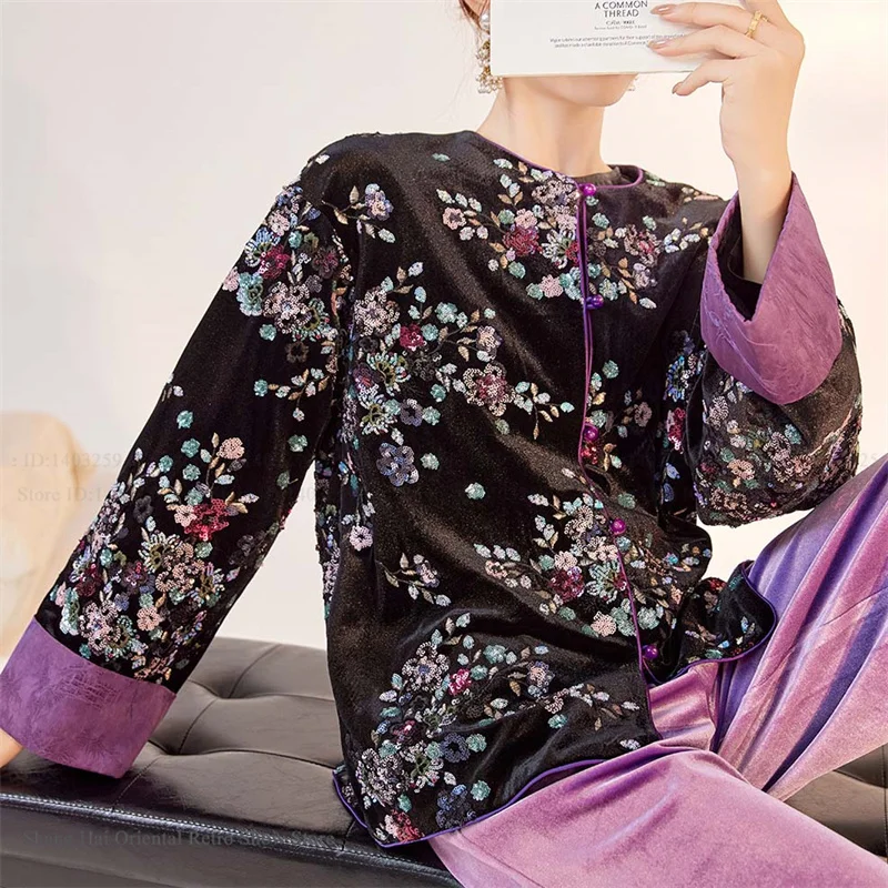 New Chinese Style Qipao Tops CoatAutumn Winter Women's Tang Suit Jacket Luxury Embroidered Sequin Long Sleeved Velvet  Outwear