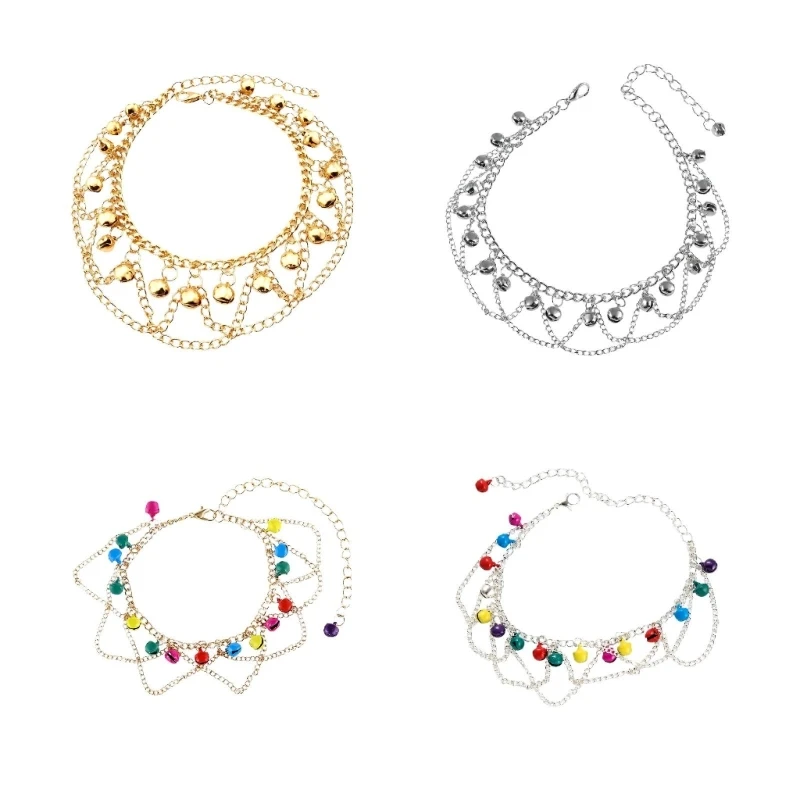 195C Women's Multi-Strand Anklet with Suspended Bells, Draped Alloy Ankle Jewelry with Lobster Clasp and Extension Chain