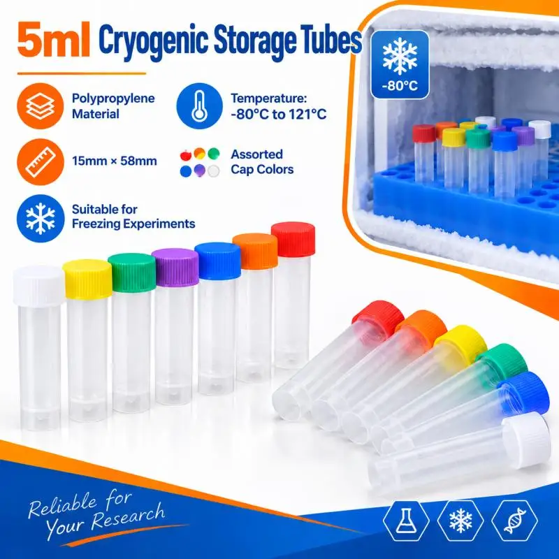 25/50 Pcs 5ml Plastic Freeze Pipe Freezing Tube with Silicone Gasket, Cryovial with Color Cap School Lab Experiment Supplies