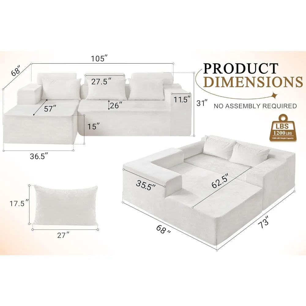 L-Shaped Modular Sectional Sofa 105 - Comfortable Deep Seating for Living Room, Ready to Use, No Assembly Needed