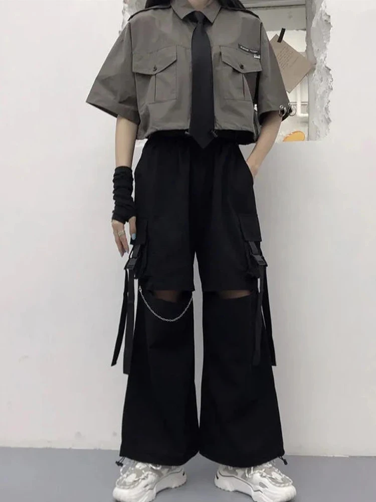 HOUZHOU Gothic Streetwear Women\'s Cargo Pants with Chain Punk Techwear Black Oversize Korean Fashion Wide Leg Trousers 2021 Alt