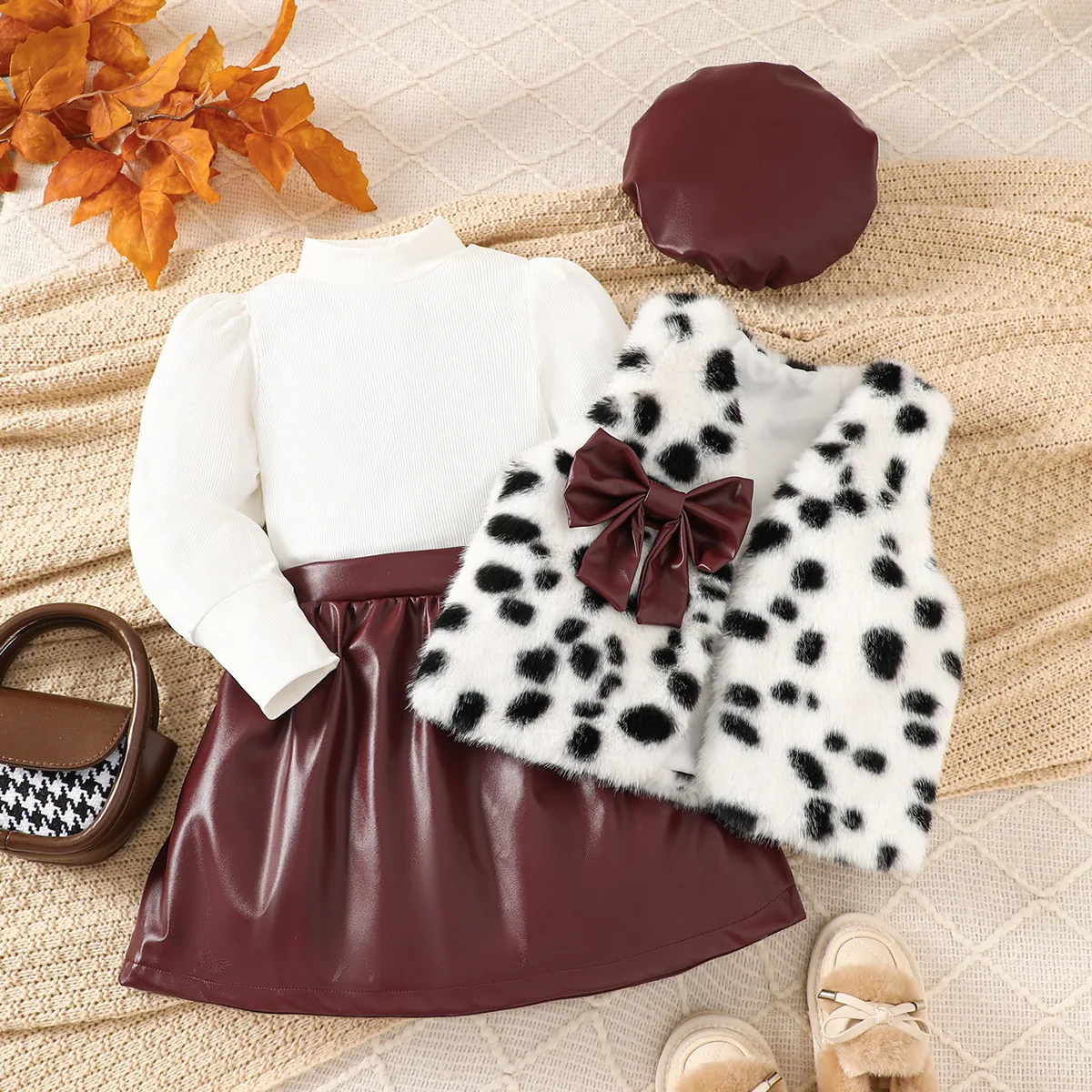 4pcs Girl Clothes Set with Hat Baby Toddler Girl Suits Fur Vest Long Sleeve Shirt Base Layer and Faux Leather Skirt Pleated Chic