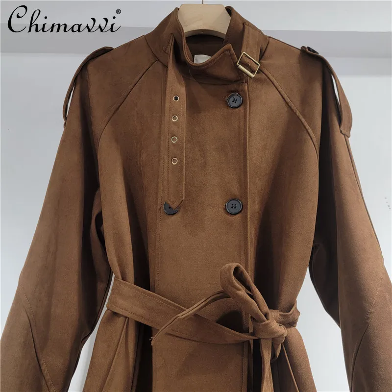 2025 Autumn Clothes New Fashion Retro Stand Collar Lace-Up Jacket Women Cool Slim Fit Elegant Long Sleeve Suede Trench Coat