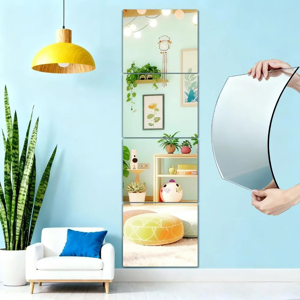 

4-piece wall mounted acrylic mirrors, 8 x 8 inch self-adhesive frameless small mirror tiles
