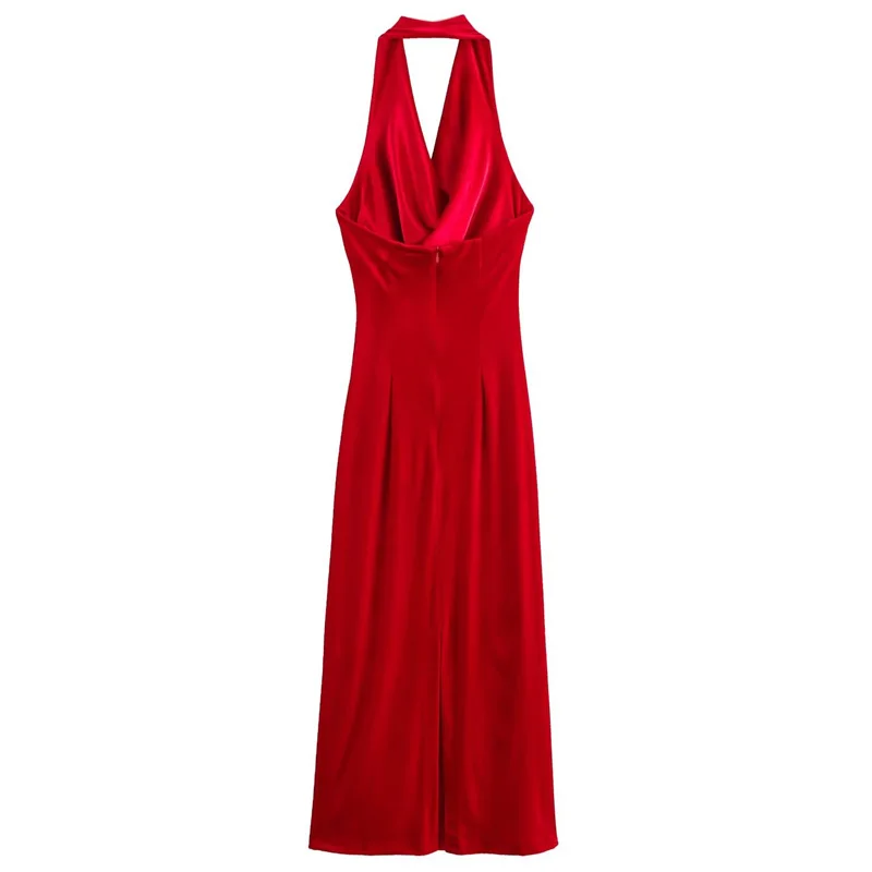 TRAF-vestido rojo con cuello Halter para mujer, Vestidos elegantes de fiesta para mujer, Vestidos largos de terciopelo de lujo, Vestidos Midi sin mangas y sin espalda