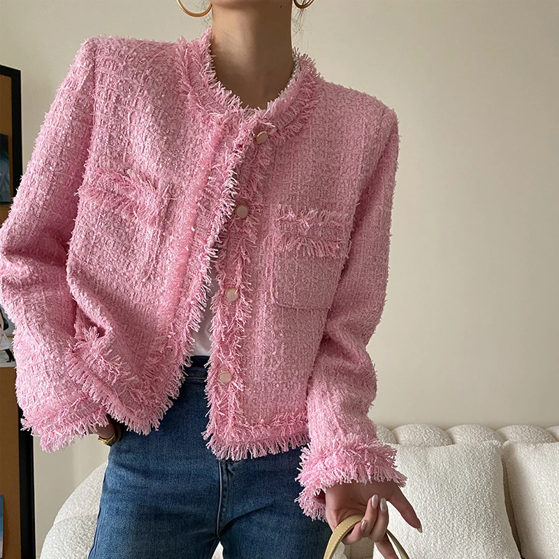 20% Wool Women Jacket Coat O-Neck Long Sleeve Pink Tops Single Button Fashion Coat Tops For Women New In Autumn Outerwears